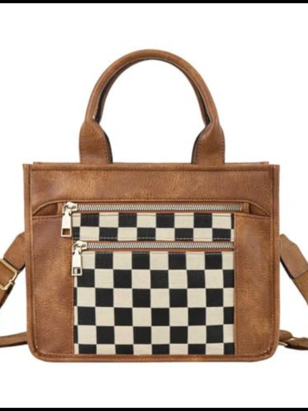 Checkered Tote Bag Canvas PU Leather Plaid Satchel Shoulder Crossbody Purse